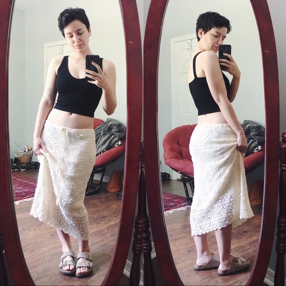 SOLD Rene Derhy • vintage crocheted skirt lace knit drawstring waist midi cream - Picture 14 of 14